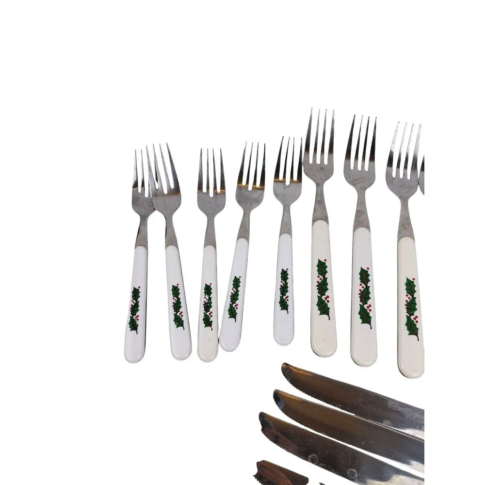 Vtg Stainless Silverware Flatware Plastic Christmas Holly Leaves Berries  Pcs